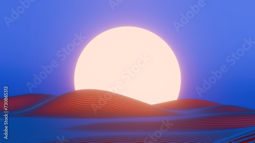 This 3D image features a minimalist design of a retro wave landscape with a sun, blending modern aesthetics with nostalgic elements.