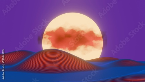 This 3D image features a minimalist design of a retro wave landscape with a sun  blending modern aesthetics with nostalgic elements.