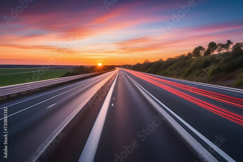 Stunning sunset over empty asphalt road, blurred streaks of car lights vanishing into the distance