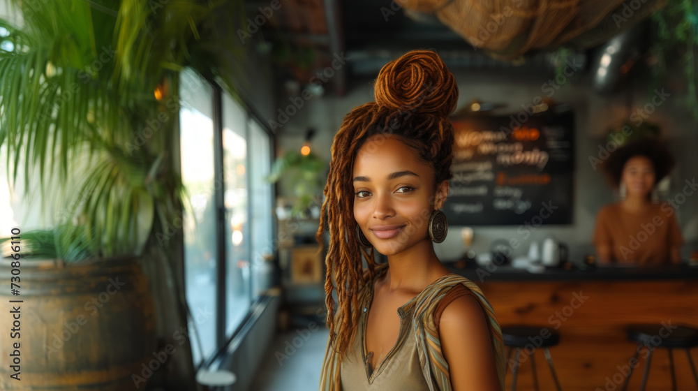 Portrait of young african american woman with dreadlocks in coffee shop. Portrait of young african american woman with dreadlocks in coffee shop.