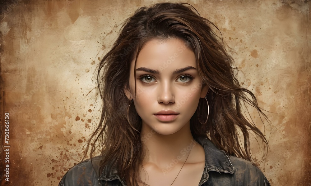 An attractive young lady on an old wall background An attractive young lady on an old wall background