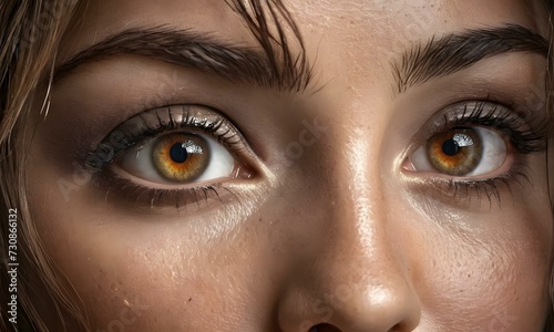 A close up view of a woman brown eyes. Front view human eyes