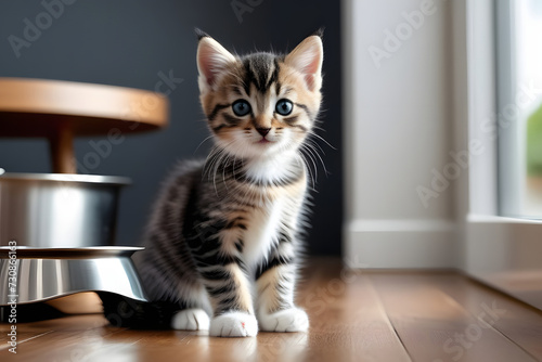 Playful Tabby Kitten Sitting Next to Stainless Steel Bowl in Modern Kitchen Setting