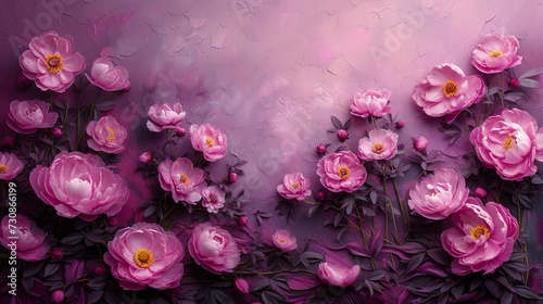 Bouquet of pink peonies on a purple background. Copy space.