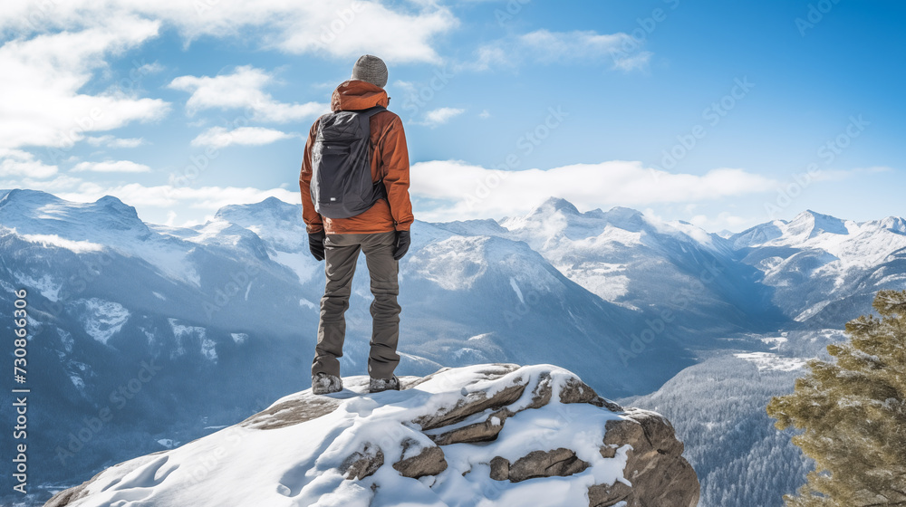 An adventurer surveys a snowy mountain landscape from a high vantage point. An adventurer surveys a snowy mountain landscape from a high vantage point.