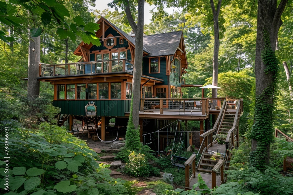A side angle view of a craftsman house in a rich forest green, with a backyard boasting a treehouse village and a zipline.