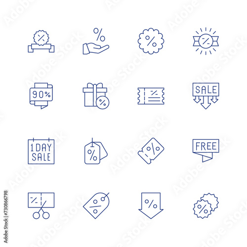 Discounts line icon set on transparent background with editable stroke. Containing sale, 90 percent, oneday, voucher, discount, coupon, lowprice, discounttag, pricetag. photo
