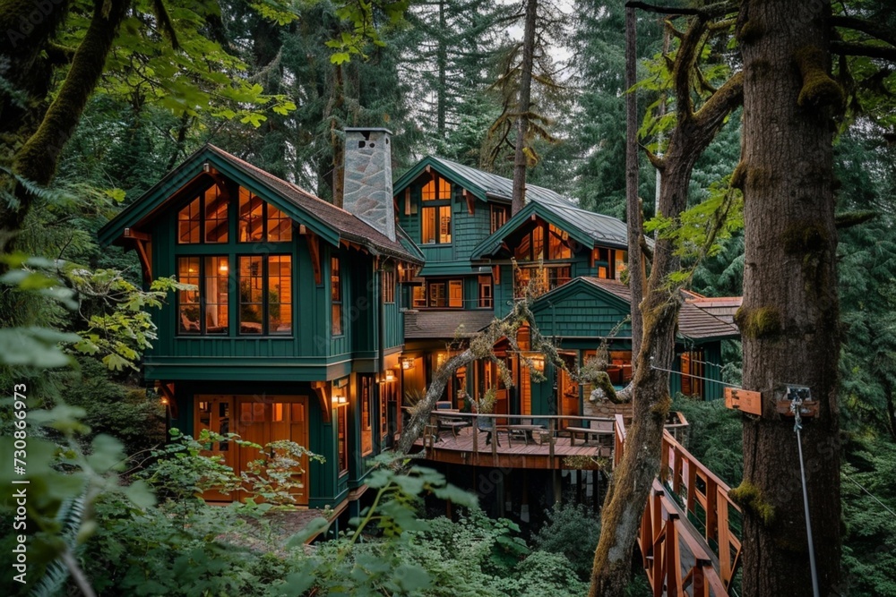 A side angle view of a craftsman house in a rich forest green, with a backyard boasting a treehouse village and a zipline. A side angle view of a craftsman house in a rich forest green, with a backyard boasting a treehouse village and a zipline.