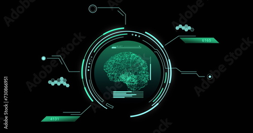 Image of human brain and scientific data processing over black background