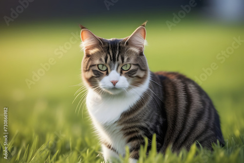 Curious tabby cat sitting in lush green field, looking alert and inquisitive.