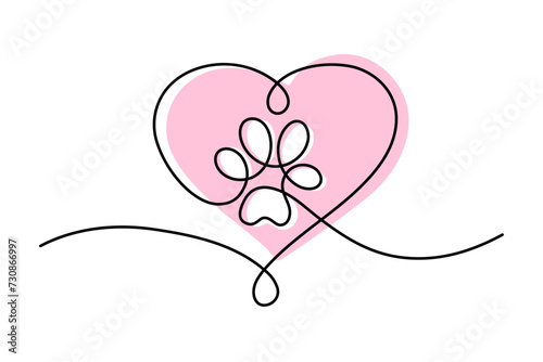 Cat or dog paw with big heart in continuous one line drawing logo. Minimal line art. Animal photo print in frame. Pet love concept.
