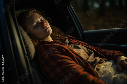 Woman sleeping in car at night.