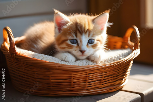 Adorable Ginger Kitten Playing Happily in Wicker Basket on Beautiful Wooden Floor © D