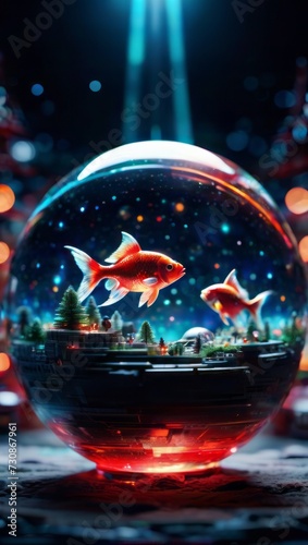 Enchanted Fish Swimming Inside a Snow Globe Under Soft Illumination at Night