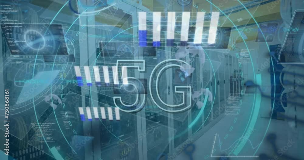 Animation of data processing and scope scanning with 5g over server room