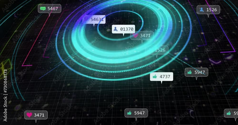 Animation of social media icons with numbers over scope scanning with shapes on black background Animation of social media icons with numbers over scope scanning with shapes on black background