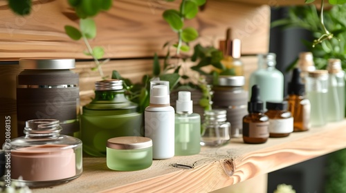 Assortment of Skincare and Beauty Products on Wooden Shelf