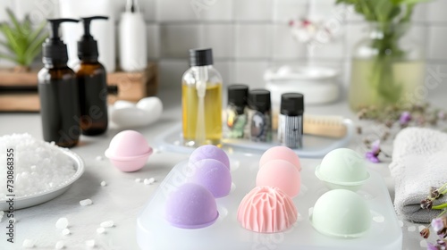 Assorted Bath Bombs and Spa Accessories on Bathroom Counter