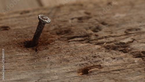 Bent Rusty Nail in Aged Wood. Selective focus, close-up.