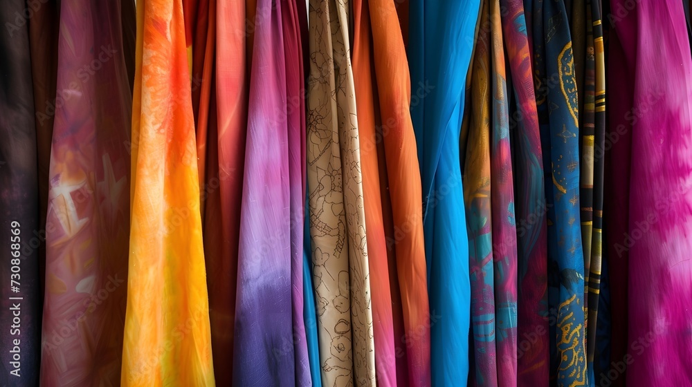 Assorted Colorful Fabric Textures Hanging in a Row