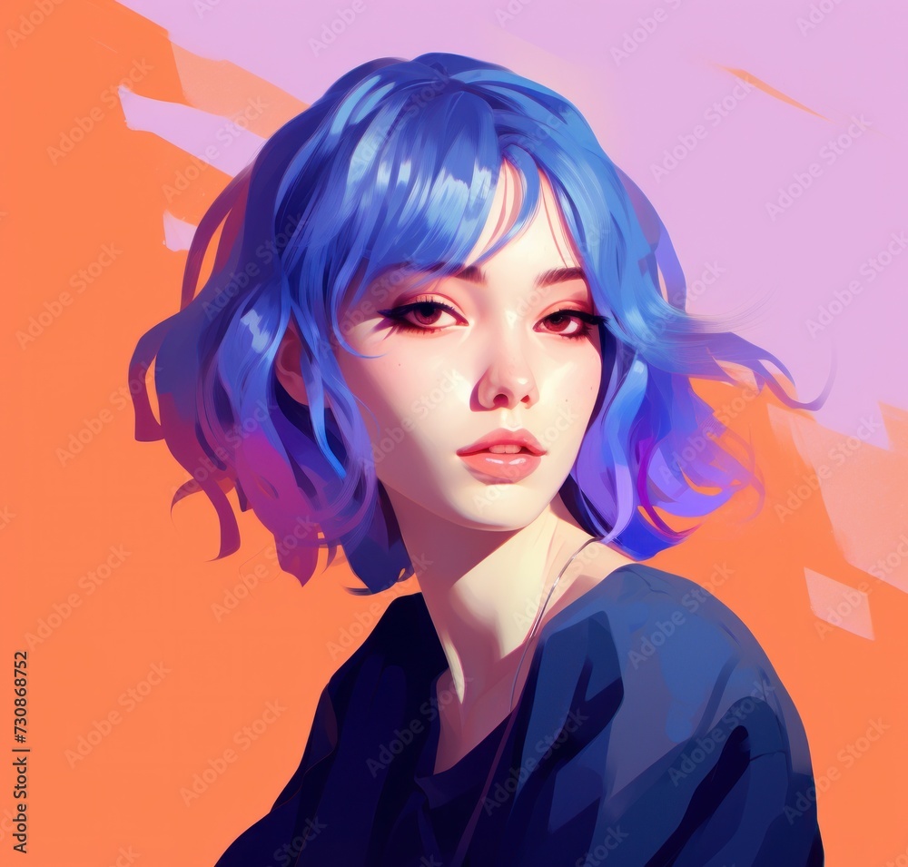 drawing portrait of a girl with short hair against colorful background drawing portrait of a girl with short hair against colorful background