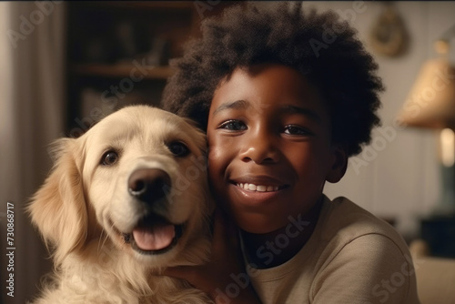 Happy black boy with dog