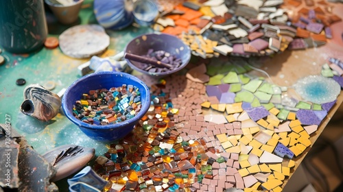 Colorful Mosaic Pieces on Artist's Work Table
