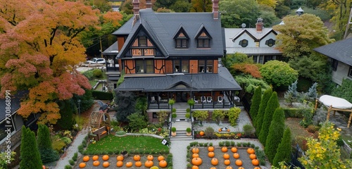 Eagle view of a craftsman house in a rich auburn, with a backyard boasting an autumn-themed orchard and a pumpkin patch.