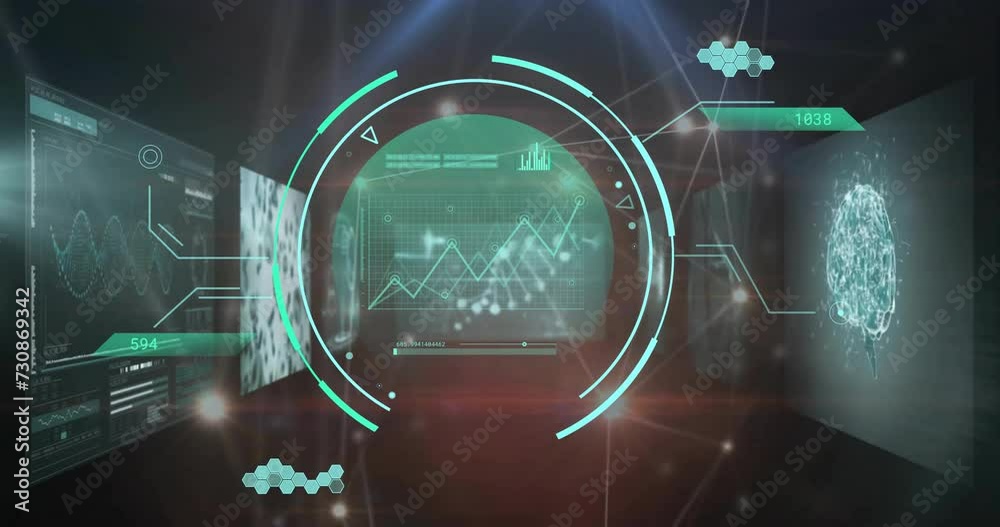 Animation of circular scanner over dna strand and medical data on interface screens