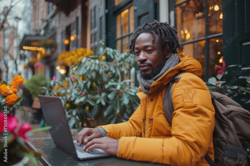 Man in yellow jacket using laptop outdoors. Candid lifestyle photography with copy space.