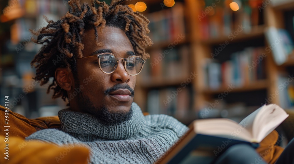 Young man with dreadlocks and glasses engrossed in reading a book at a library. Young man with dreadlocks and glasses engrossed in reading a book at a library.