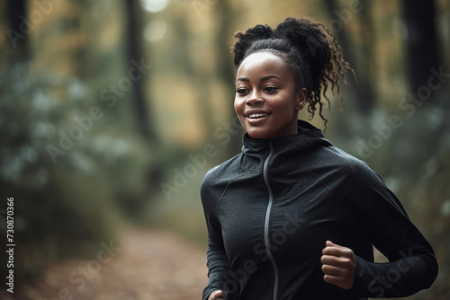 Cheerful black woman in earphones standing in park