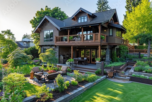 Eagle view of a craftsman house in a rich chocolate brown, with a backyard featuring a gourmet outdoor kitchen and a herb garden. © Tae-Wan