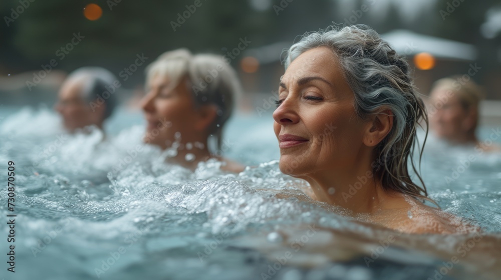 Obraz premium Senior women enjoying hot springs together.
