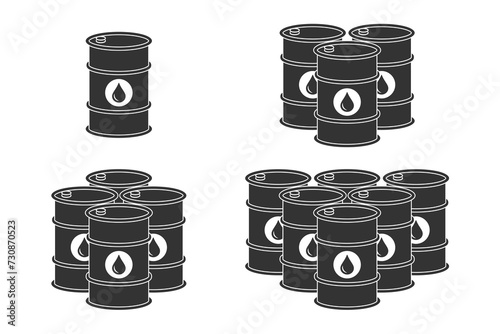 Oil barrels graphic icons set. Barrels crude oil isolated signs on white background. Vector illustration