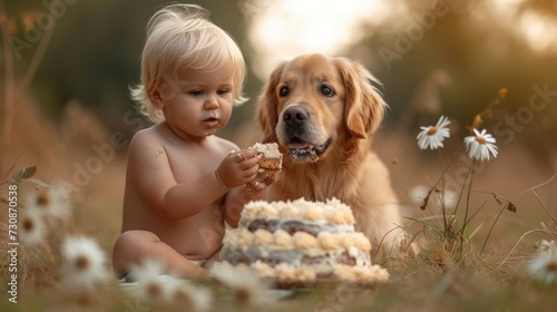 Toddler and Golden Retriever sharing cake in a field with daisies.