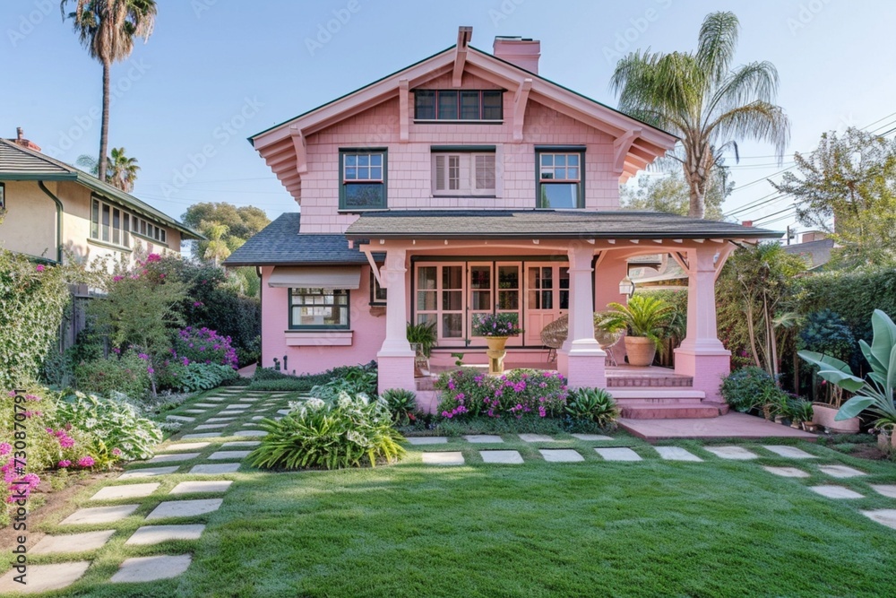 Eagle view of a craftsman house in a soft powder pink, with a backyard featuring a ballerina studio and a small outdoor stage.