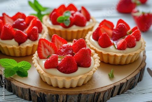 Fresh strawberry tarts with pastry cream on wooden board