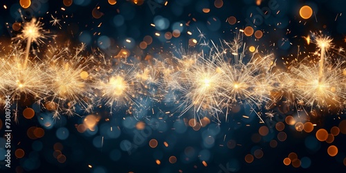 Happy New Year 2024  New Year s Eve firework sparkler party celebration holiday greeting card with year - Gold fireworks  sparklers and golden bokeh lights  blue background banner  Generative AI