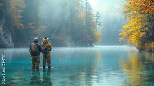Two fishermen wading in a misty lake during autumn. Peaceful fishing scene with fall colors.