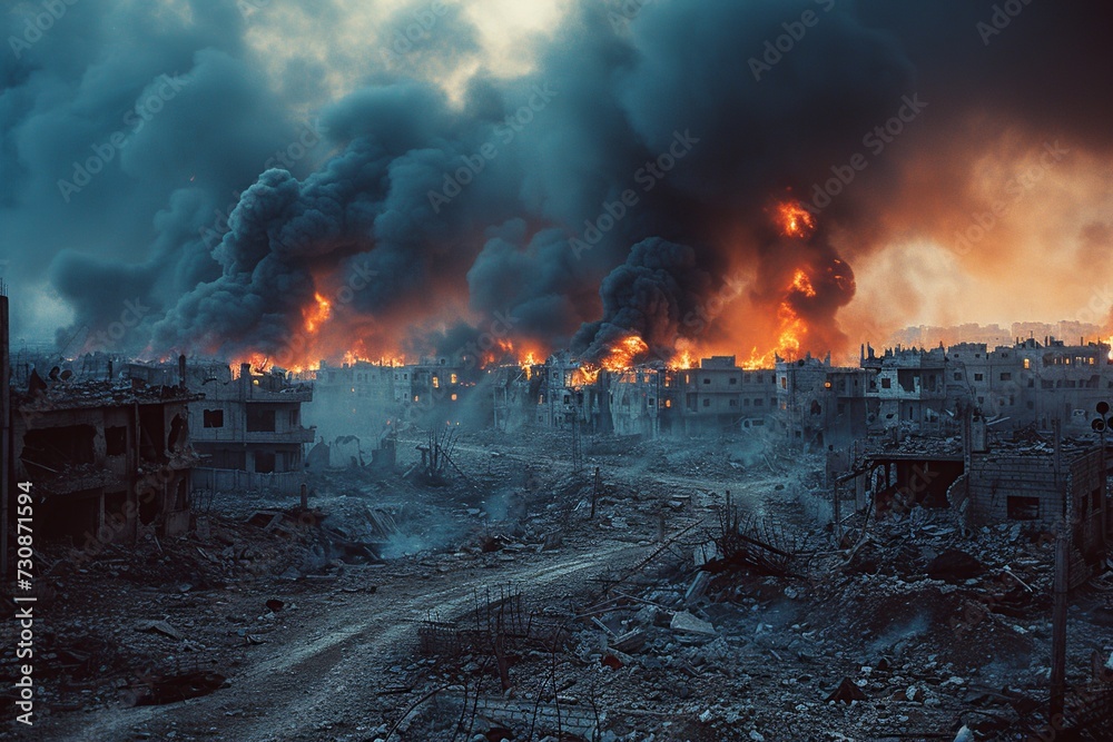 Fototapeta premium A stark representation of modern warfare's destruction, with urban areas engulfed in flames and reduced to rubble after relentless bomb and missile assaults
