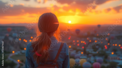 Woman watching sunset over landscape with hot air balloons. Inspirational travel portrait