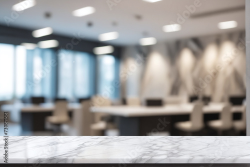 Marble stone tabletop and blurred bokeh office interior space background can used for display or montage your products photo