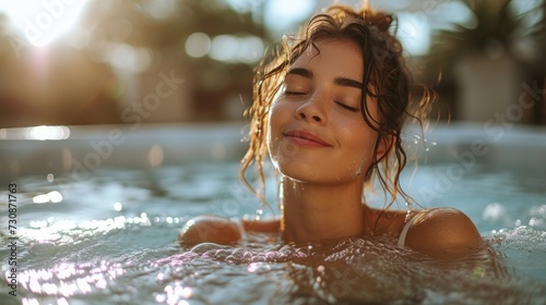 Relaxed woman enjoying hot tub spa. Close-up serene leisure portrait with sun flare photo