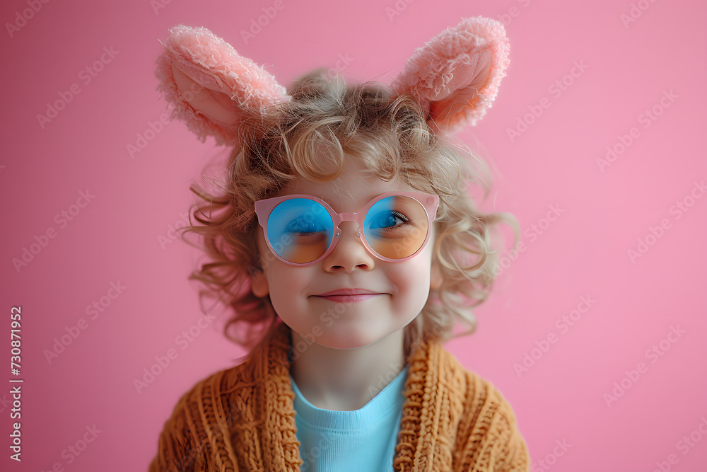 Portrait of a happy child wearing easter bunny ears and sunglasses, trendy, studio shot