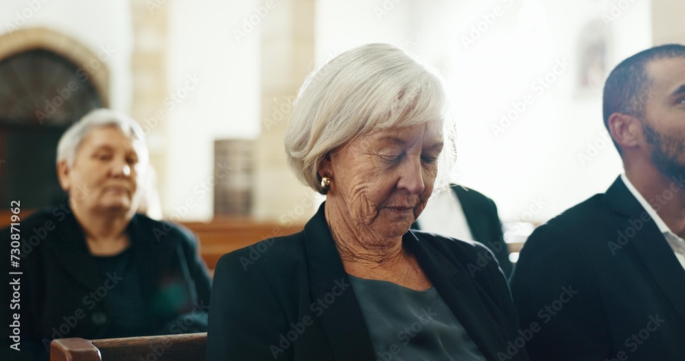 Senior woman, church and sign of cross for faith, prayer and religion with community, service and retirement. Christian people, icon and ritual at temple, sermon or funeral for connection to Jesus - obrazy, fototapety, plakaty 
