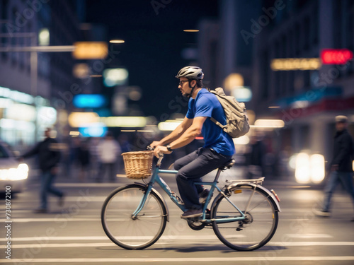 A cyclist in a blue shirt and helmet rides a bicycle with a basket across a city street at night, with blurred city lights and pedestrians in the background