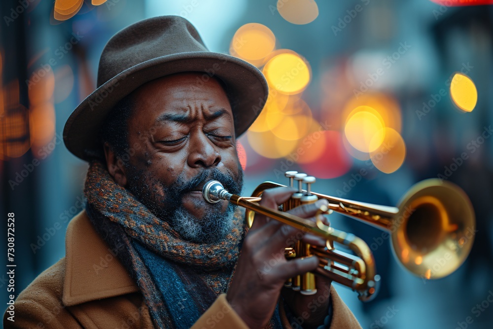 Obraz premium Jazzing Up the Streets: A Man in a Fedora Plays His Trumpet Generative AI