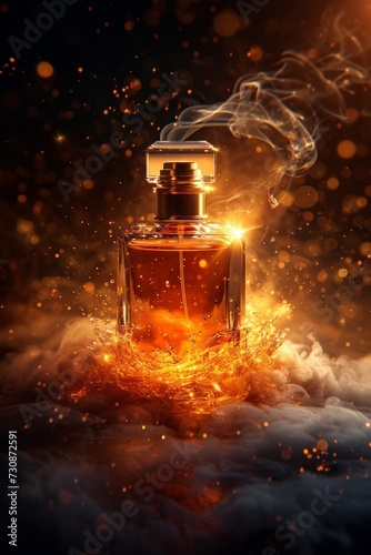 An empty perfume bottle against a background of fire and smoke. 3d illustration