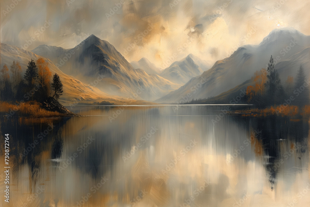 Mountain landscape, lake, painting, art